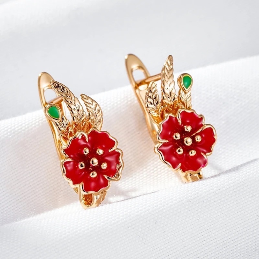 Rose Gold Plated Red Enamel Flower Drop Earrings